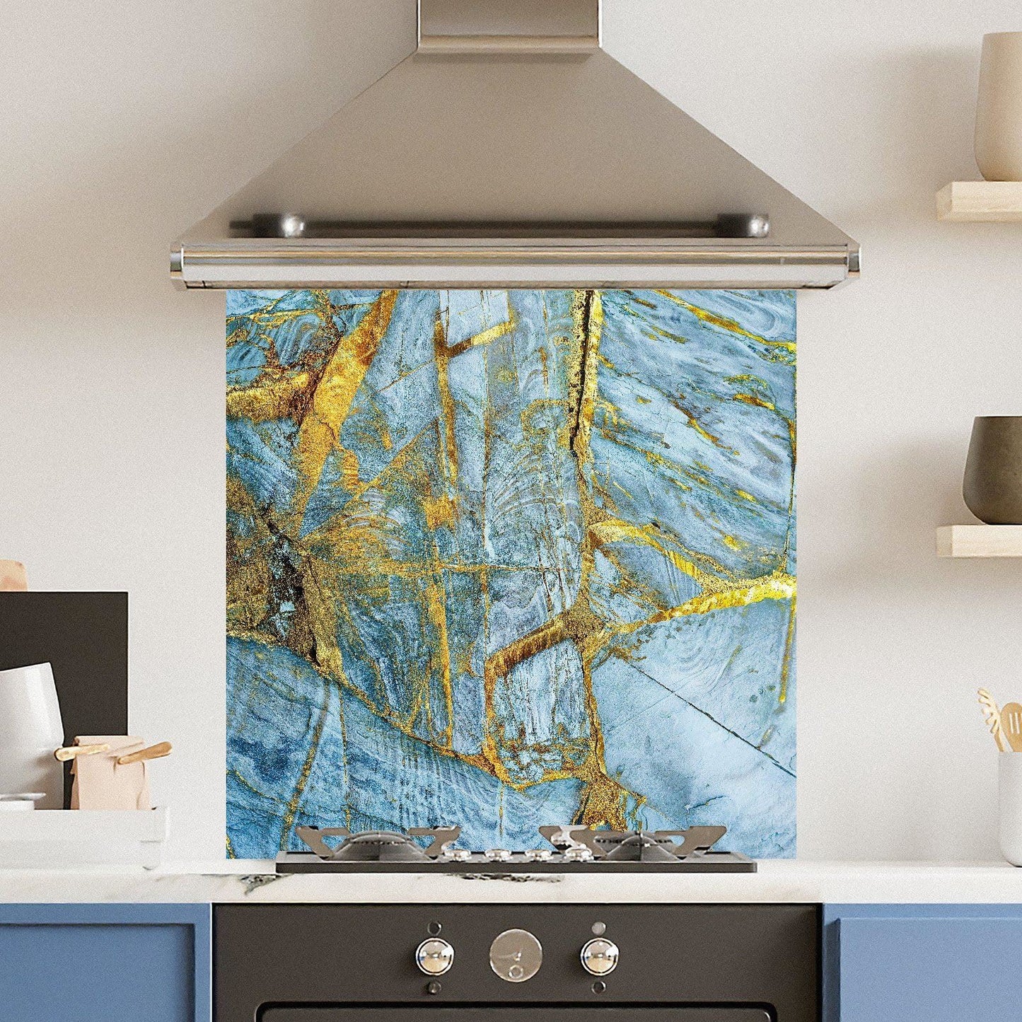 Premium Various Sizes Blue Gold Marble 6mm Glass Toughened Kitchen Splashback