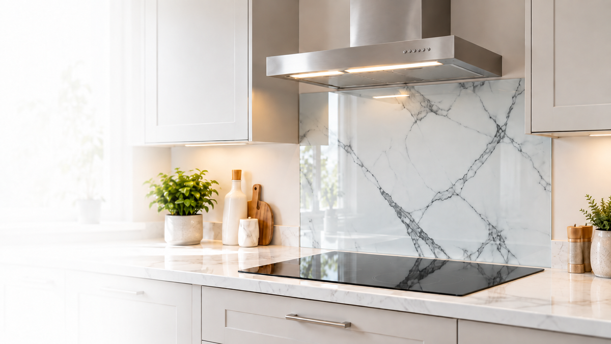 Installed glass kitchen splashback behind a hob