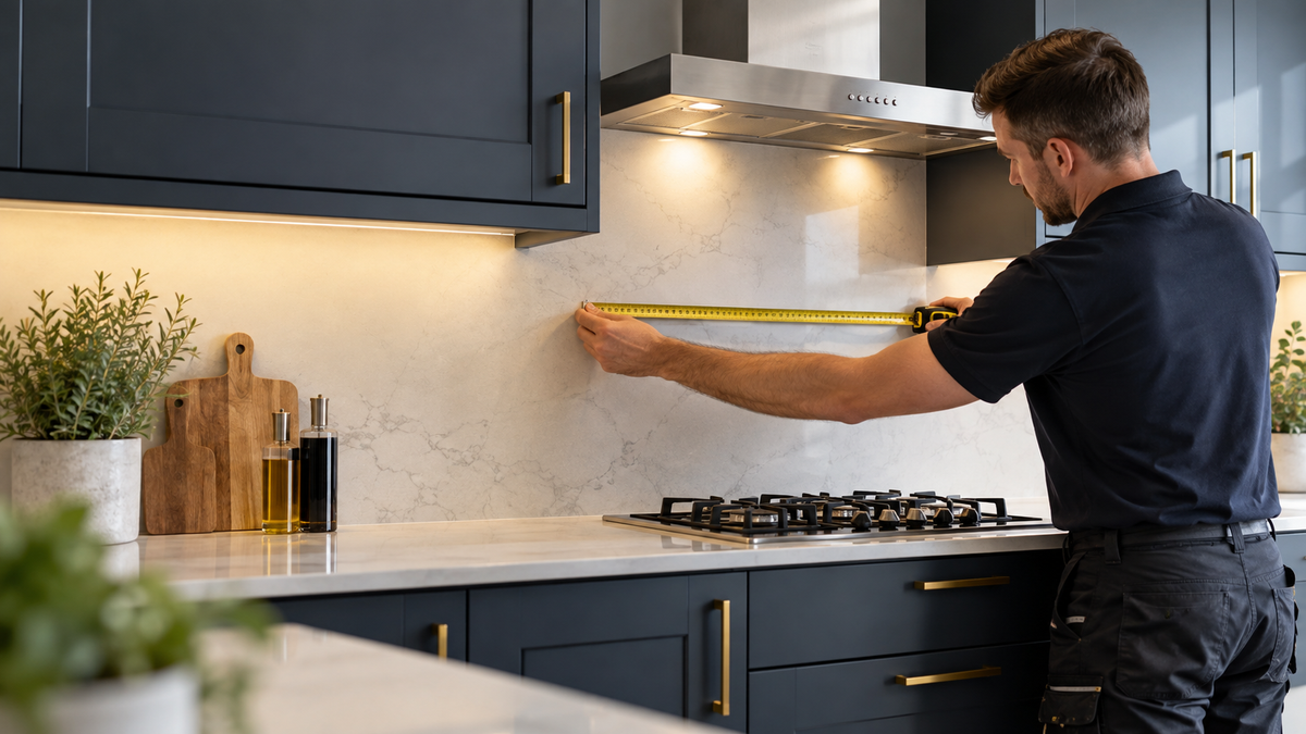 Finished kitchen splashback installed behind a hob