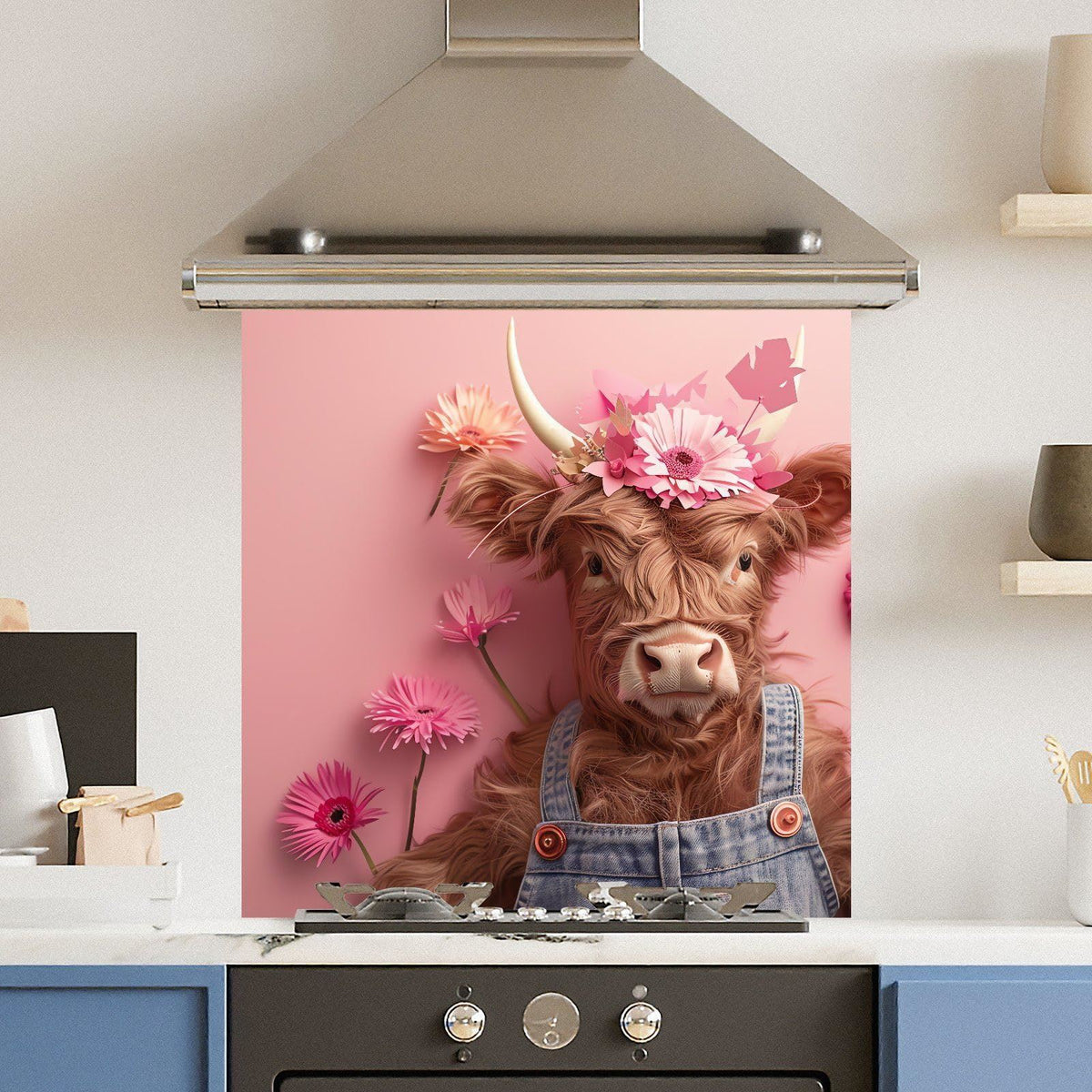 Pink Floral Cow — Toughened Glass Kitchen Splashback