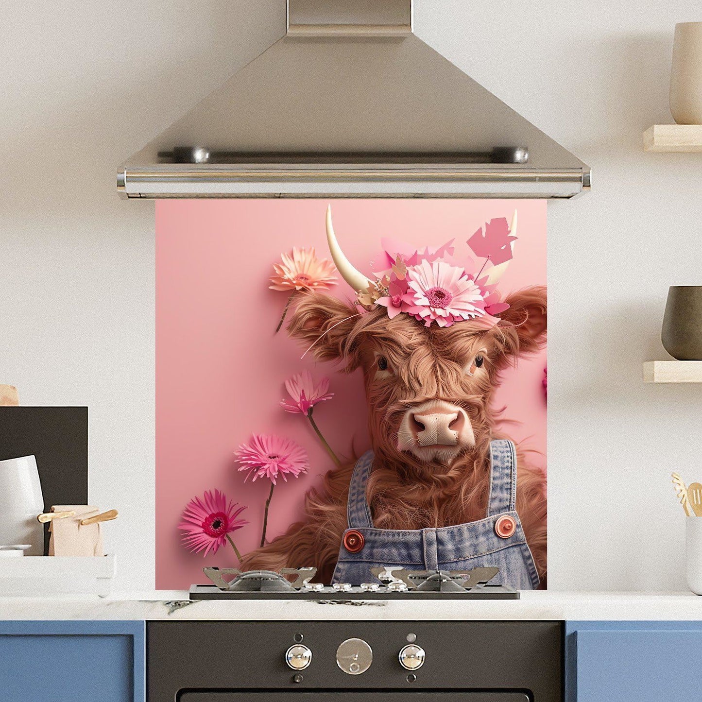 Pink Floral Cow — Toughened Glass Kitchen Splashback