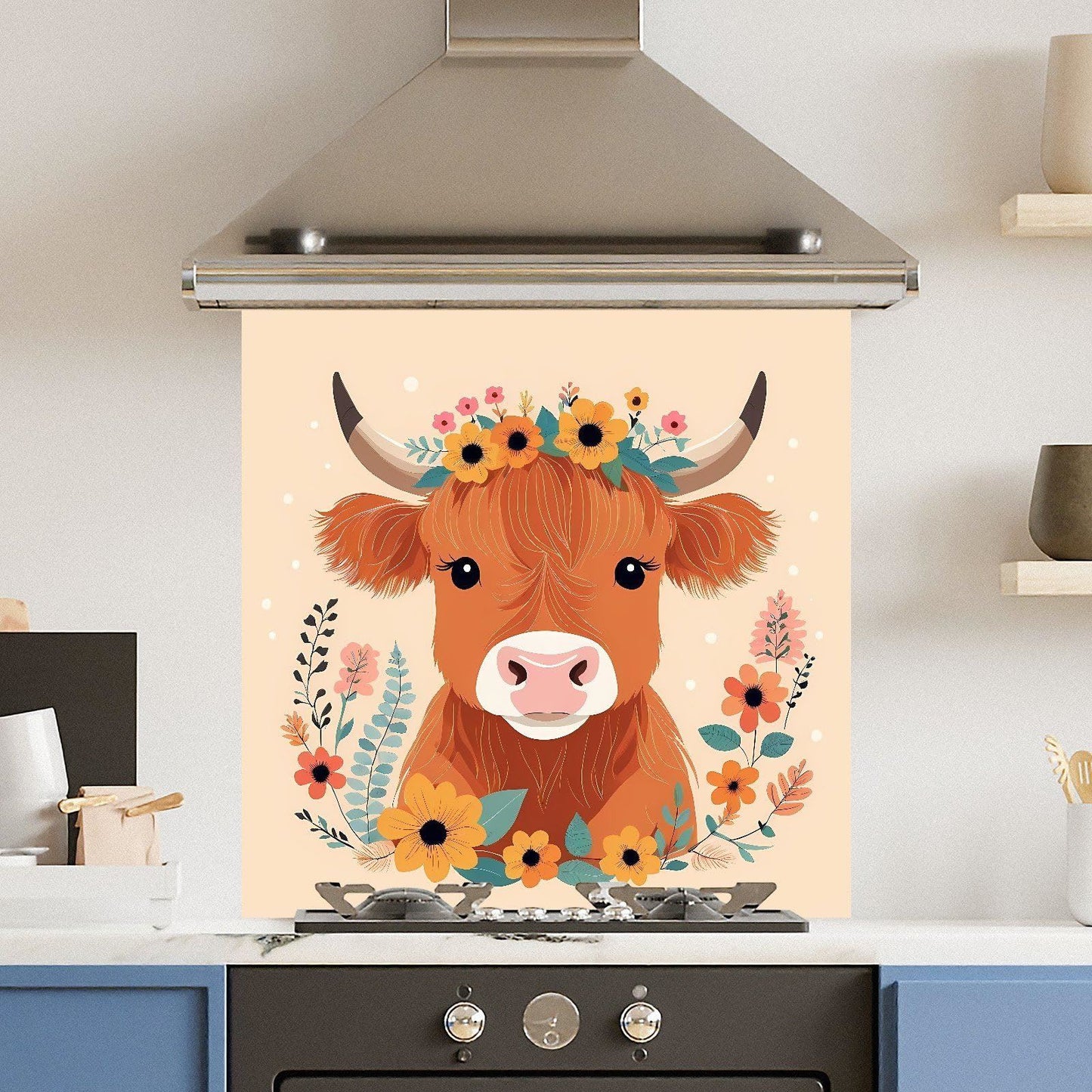 Premium Various Sizes Floral Cow 6mm Glass Toughened Kitchen Splashback