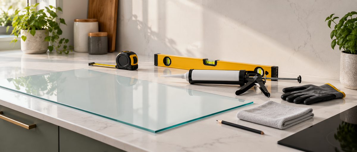 Tools and adhesive ready for installing a kitchen splashback