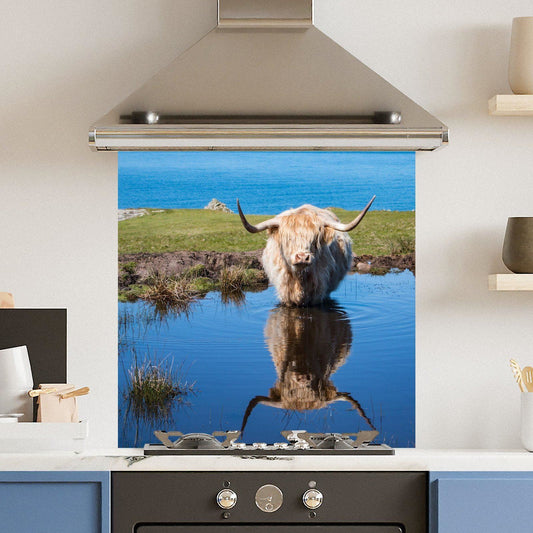 Premium Various Sizes Water Highland Cow 6mm Glass Toughened Kitchen Splashback
