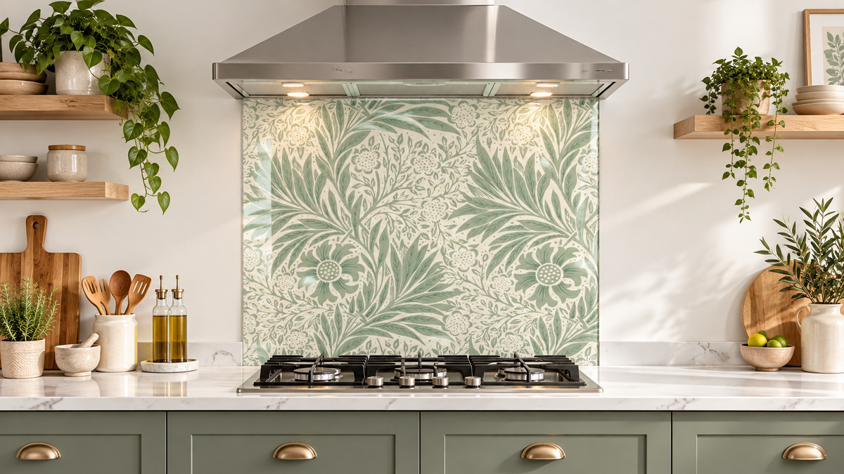 Made to measure glass kitchen splashback fitted behind a hob