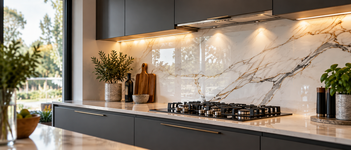 Made to measure glass splashback installed in a modern kitchen