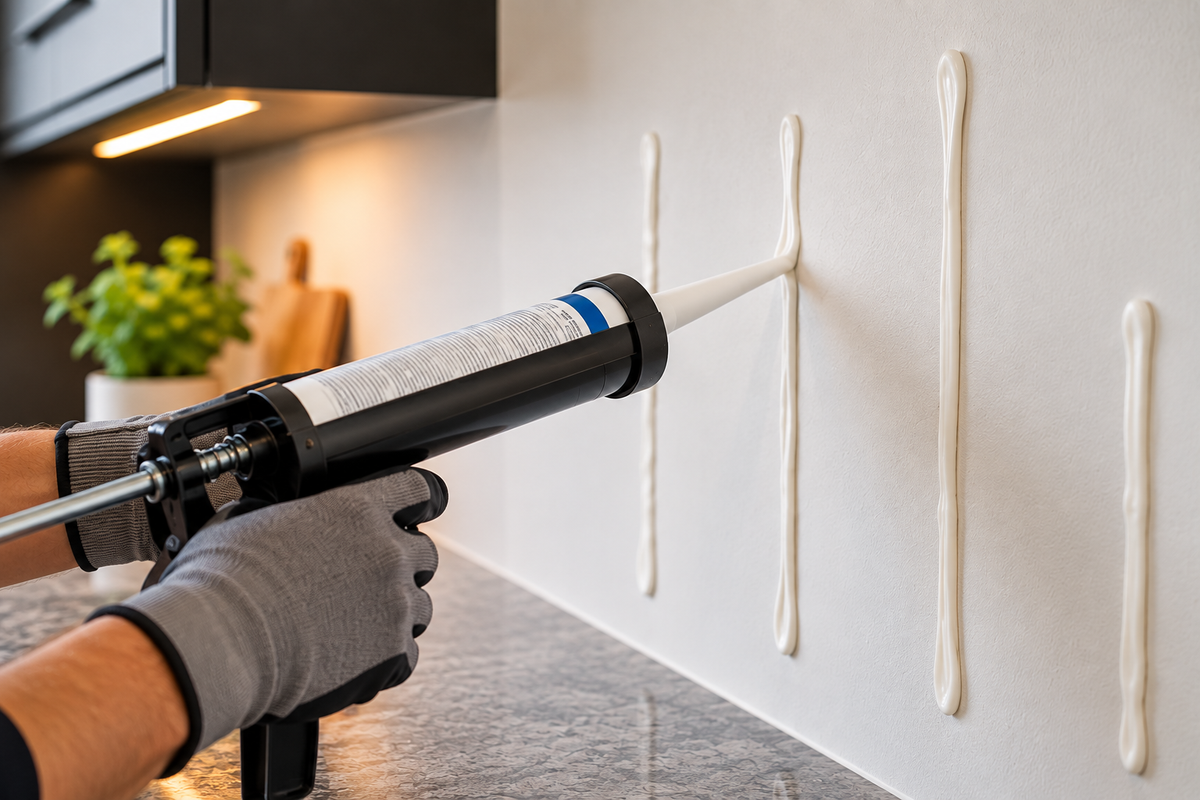 Applying adhesive to the back of a glass kitchen splashback