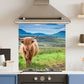 Premium Various Sizes Green Highland Cow 6mm Glass Toughened Kitchen Splashback